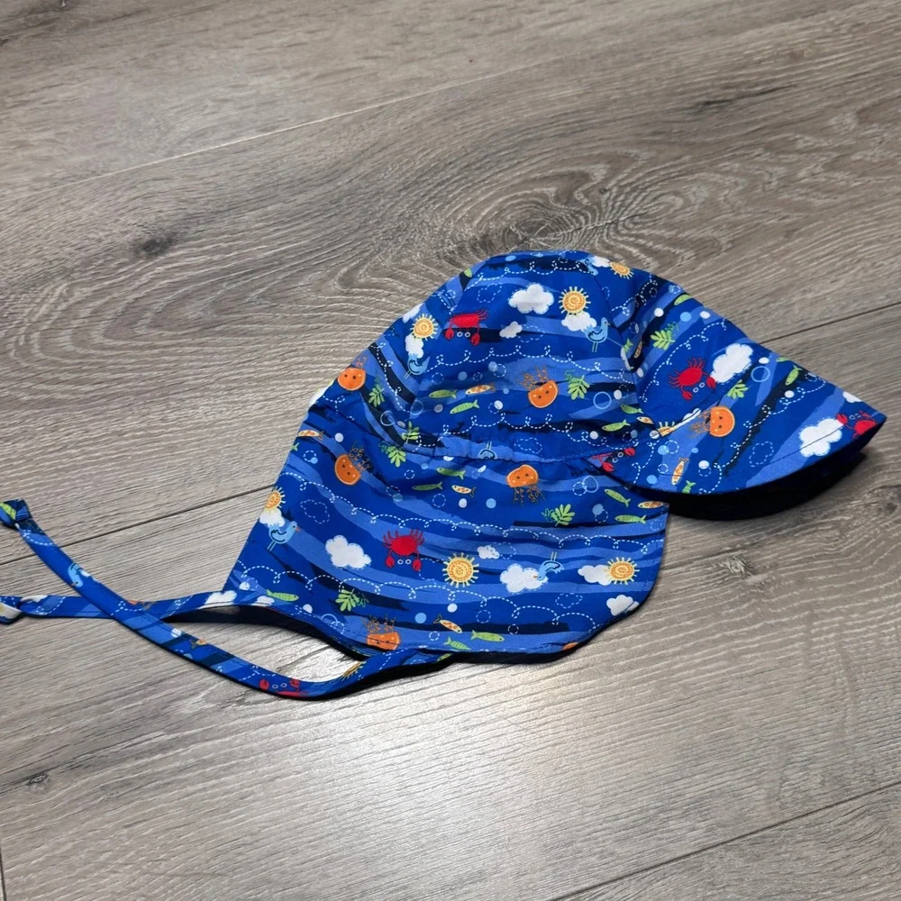 Green Sprouts Baby Sun Hat Blue Sea Life Print Flap Hat 0-6 Months
